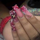 24Pcs Long Square Press on Nails Leopard Print French 3D Cherry Design False Nail Rhinestone Wearable Full Cover Fake Nails Tips