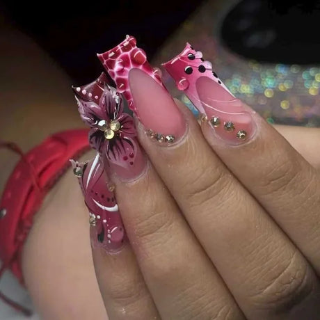 24Pcs Long Square Press on Nails Leopard Print French 3D Cherry Design False Nail Rhinestone Wearable Full Cover Fake Nails Tips
