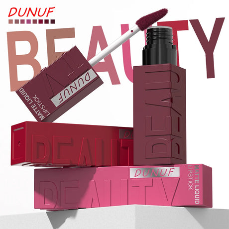 DUNUF Matte Velvet Lip Gloss, 3D Plumping & Waterproof, Square Tube Lipstick, Easy Application, 8 Shades (All-in-One)