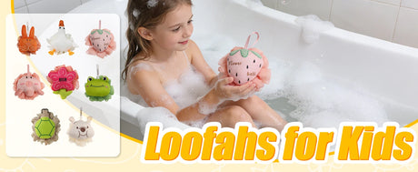 Kids Loofah, Cute Cartoon Animal Kids Bath Sponge with Hanging Rope, Soft Double Mesh for Rich Lather