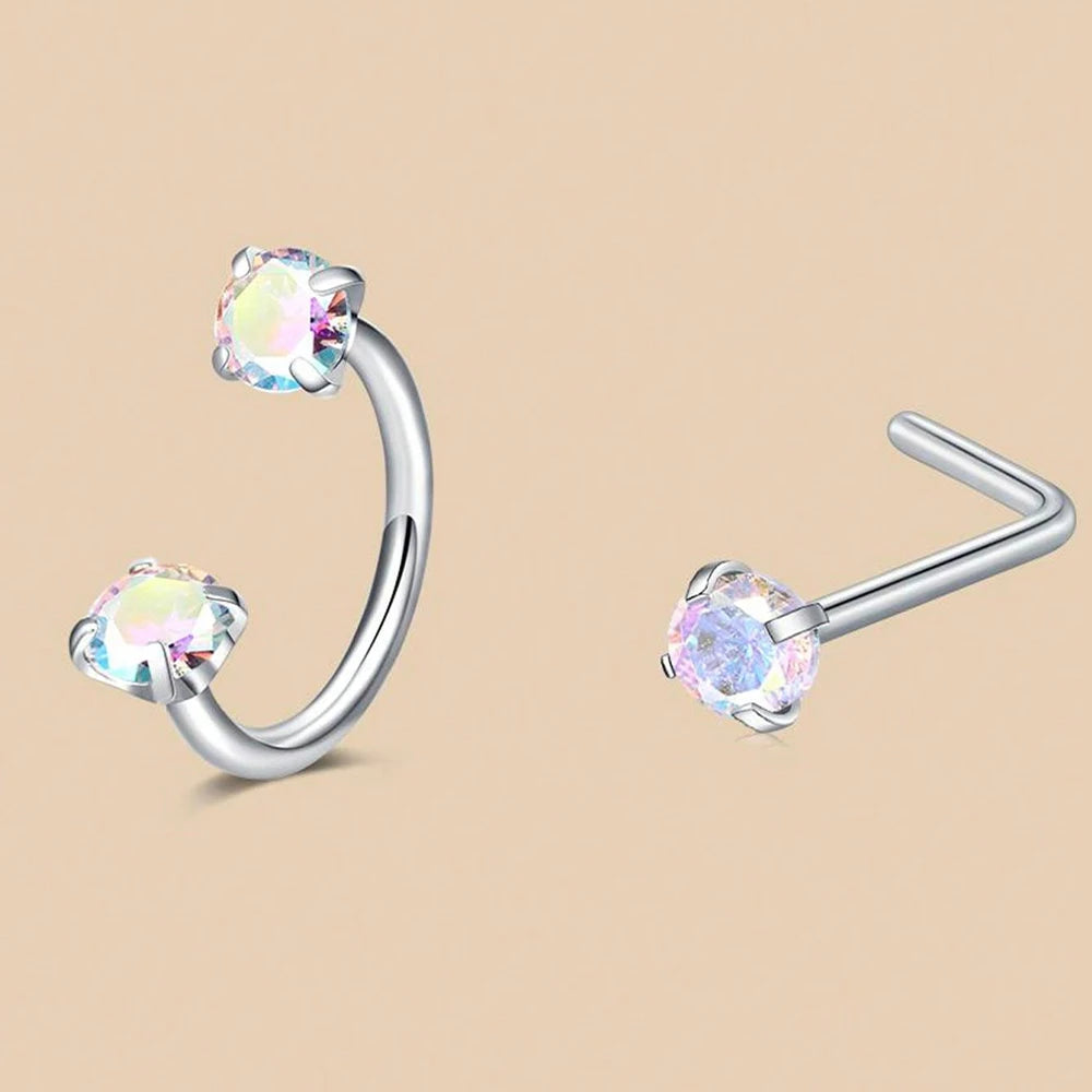 6/2pcs Horseshoe Nose Rings With L-Shape Nose Stud, Stainless Steel Rianbow CZ Nose Ring,, Lip Eyebrow Helix Ear Piercing