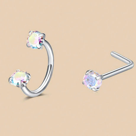 6/2pcs Horseshoe Nose Rings With L-Shape Nose Stud, Stainless Steel Rianbow CZ Nose Ring,, Lip Eyebrow Helix Ear Piercing