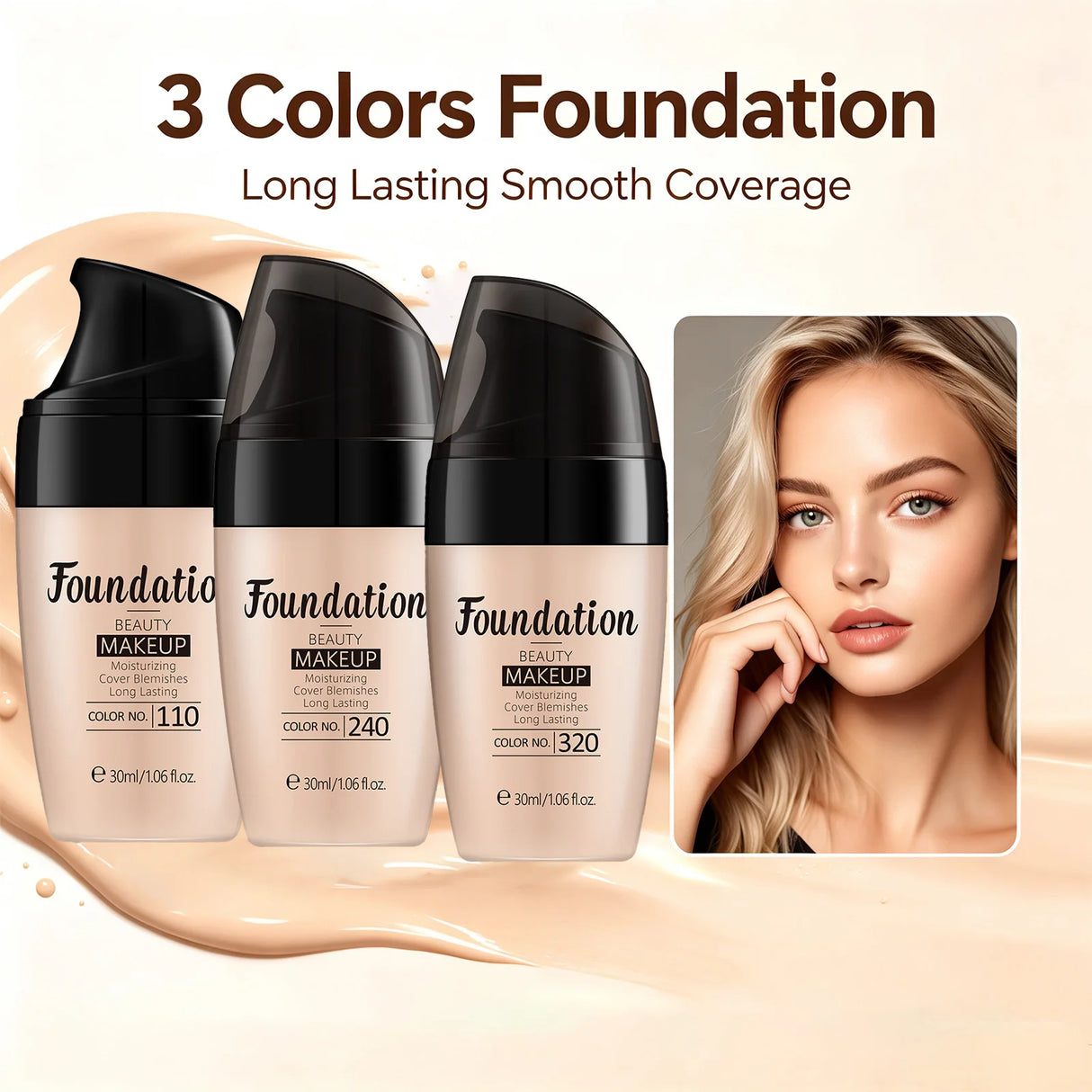 LAIKOU Liquid Foundation 3 Shades Waterproof Hydrating Full Coverage Long Lasting Natural Matte Face Makeup Base 30ml