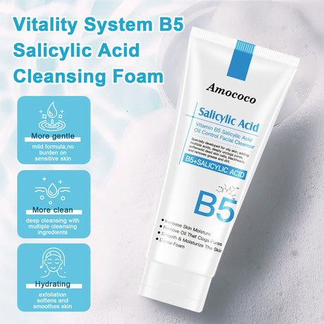 Amococo 2Pcs B5 Salicylic Acid Face Wash 100ml Oil Control Cleanser Deep Pore Foaming Wash for Oily Acne Prone Skin