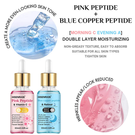 HISENRAIN Premium Pink & Blue Copper Peptide Serum - Anti-Aging, Skin Repair & Hydrating Facial Essence for Youthful Glow.