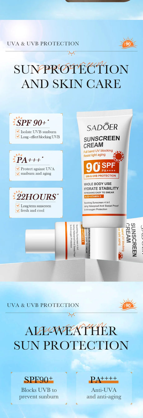 SADOER Spf 90+ Sunscreen For Face Whole Body Use Protector Solar UV Resistant Repairing Solar Blocker Facial Sunscreen