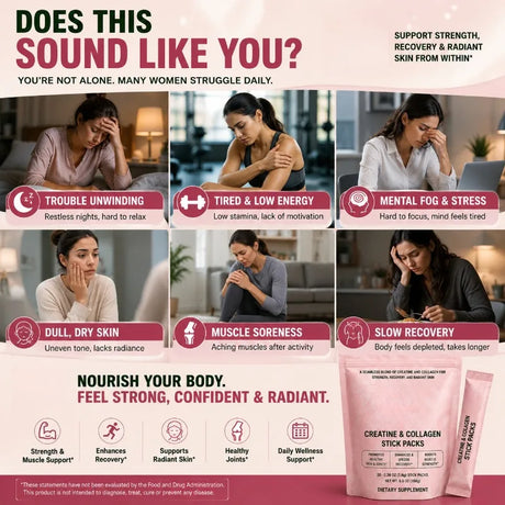 Creatine & Collagen Powder Stick Packs Supports Strength Recovery & Skin Health – Daily Nutrition Supplement  20Servings Per Bag