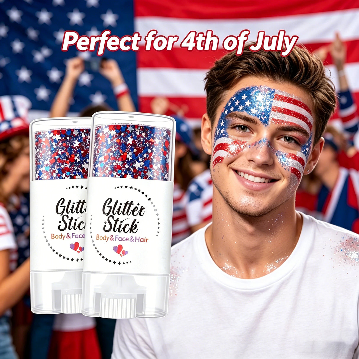 Patriotic Glitter Body Paint Stick with Makeup Remover Cloth, Red White Blue Face Paint for 4th of July, Sports Games