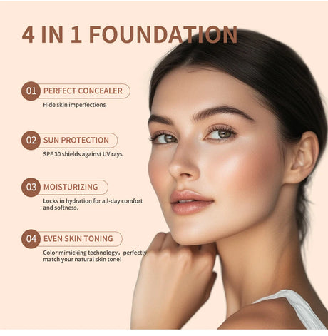 SPF30+Color Changing Foundation 4 in 1 Sun Liquid Moisture Waterproof Nourishes Coverage for All Skin Types Free Puff