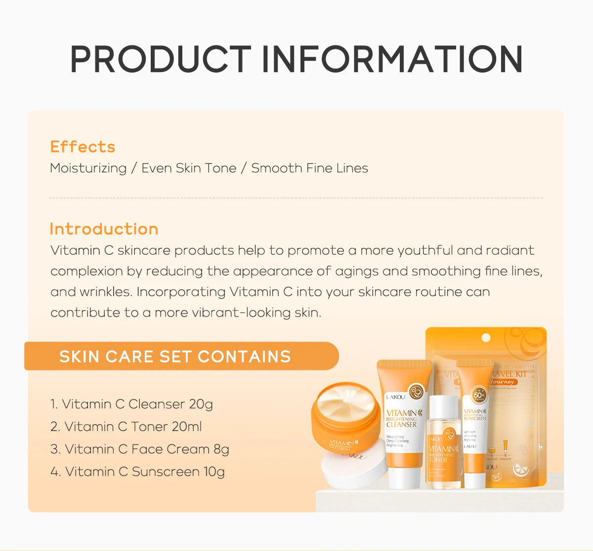4pcs Vitamin C Skin Care Sets Face Cream Facial Cleanser Essence Spf 50+ VC Sunscreen Moisturizing Refresh Face Care Travel Suit