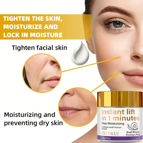 YUITIKUE Instant Lift Face Cream 60g - 1 Min Snail Mucin Firming, Moisturizes, Tightens & Evens Tone, Light Non-Greasy Formula