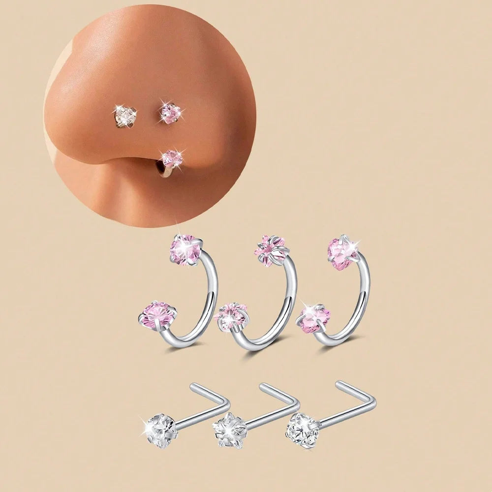 6/2pcs Horseshoe Nose Rings With L-Shape Nose Stud, Stainless Steel Rianbow CZ Nose Ring,, Lip Eyebrow Helix Ear Piercing