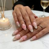 24PCS Juicy Red Cherry Hand Painted Press on Nails Vivid French Border Jelly Clear Almond Shape Fake Nails Summer Vibe