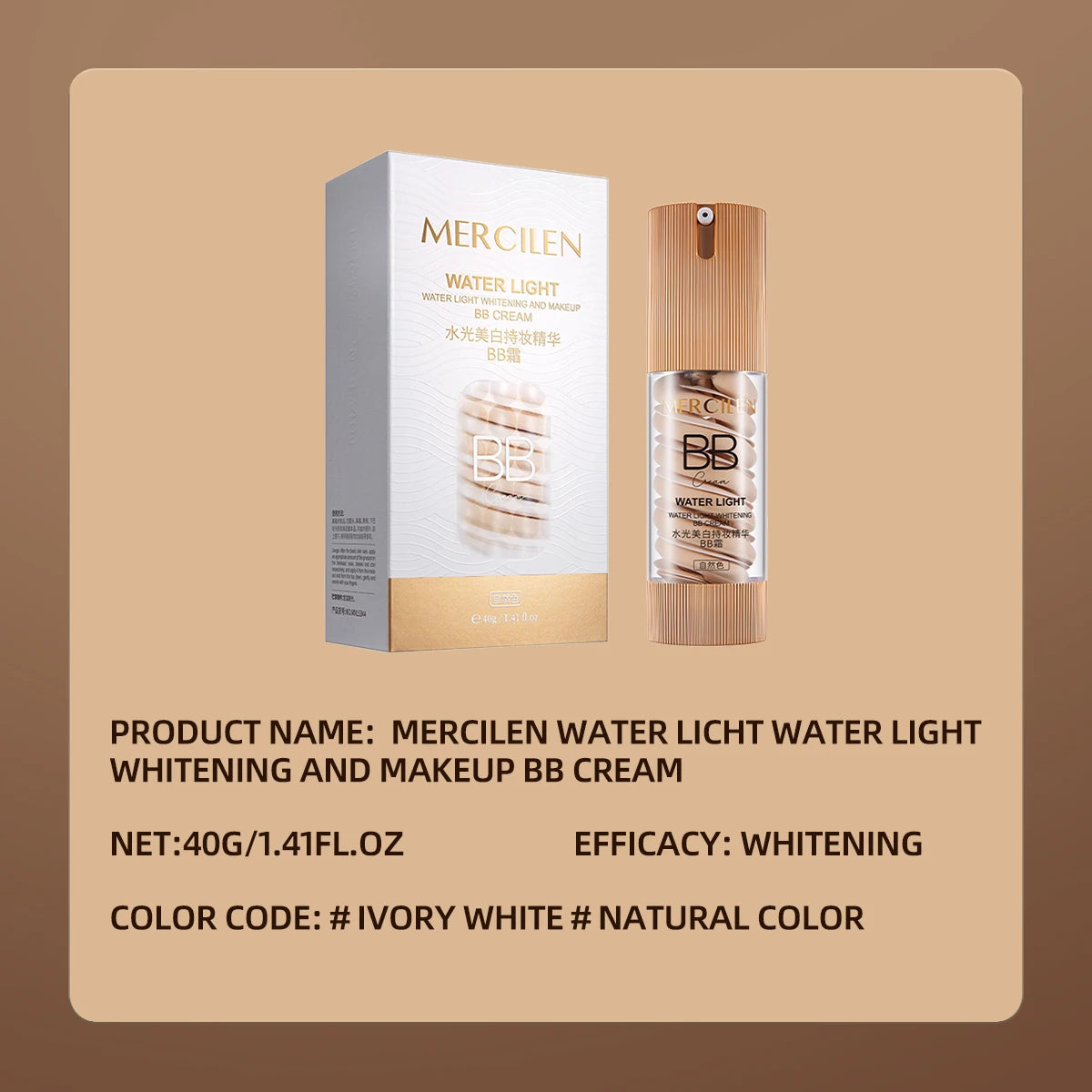 Mercilen Water Glow Long-Lasting Essence Bb Cream Cc Cream 40g, Brightening and Moisturizing Facial Makeup, Long-Lasting Moisturizing Concealer, Evens Out Skin Tone, Natural and Seamless, Suitable for Multiple Skin Tones, Lon