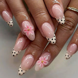 24PCS Juicy Red Cherry Hand Painted Press on Nails Vivid French Border Jelly Clear Almond Shape Fake Nails Summer Vibe