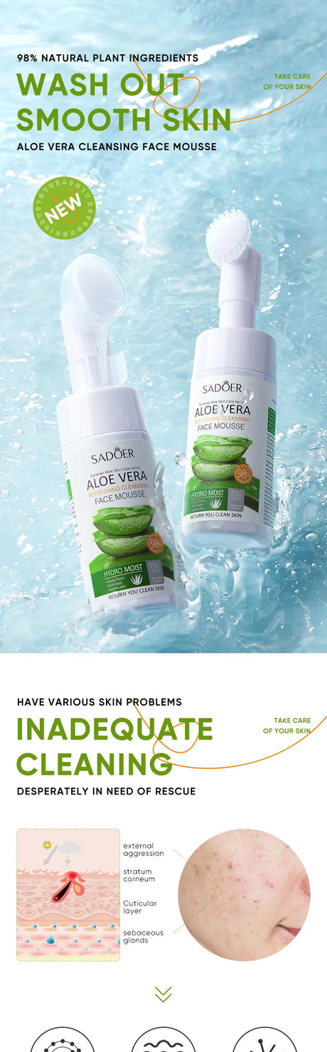 SADOER Aloe Facial Cleanser Massage Cleansing Mousse Moisturizing Deep Cleansing Anti-aigng Face Wash Foam Facial Cleanser