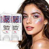 Patriotic Glitter Body Paint Stick with Makeup Remover Cloth, Red White Blue Face Paint for 4th of July, Sports Games