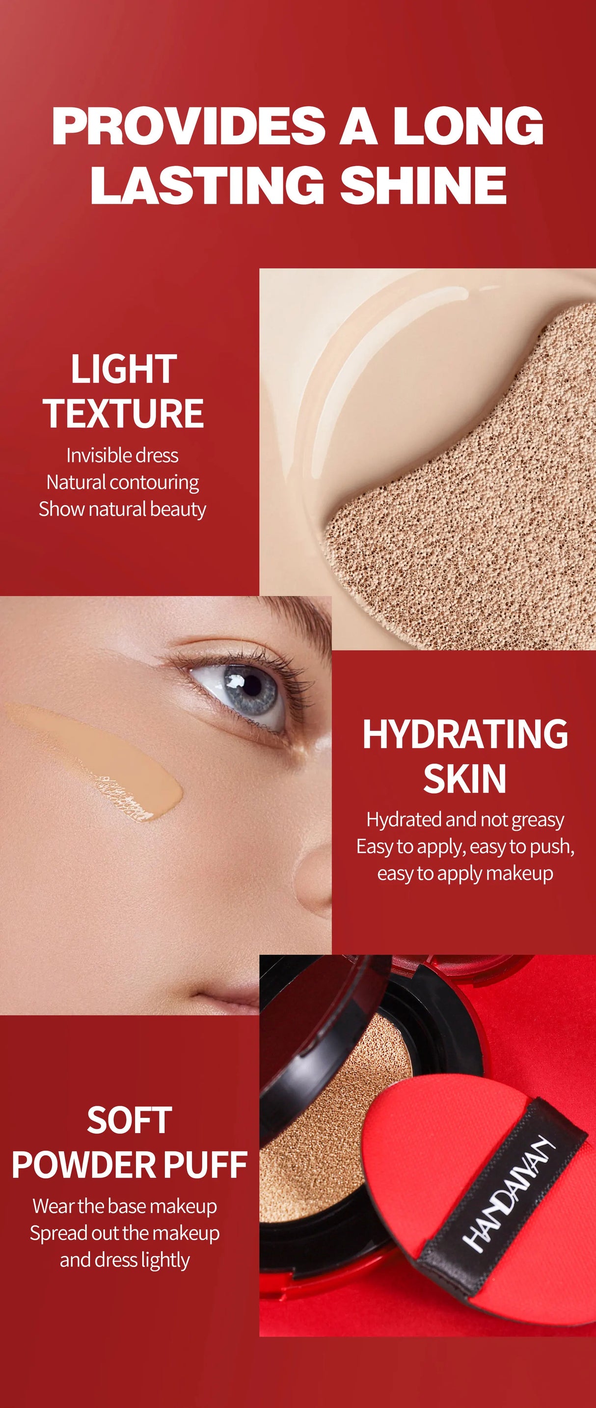 Long Wear Air Cushion Foundation Natural Finish Whitening Concealer Oil Free Makeup Base for Women Lightweight Cover