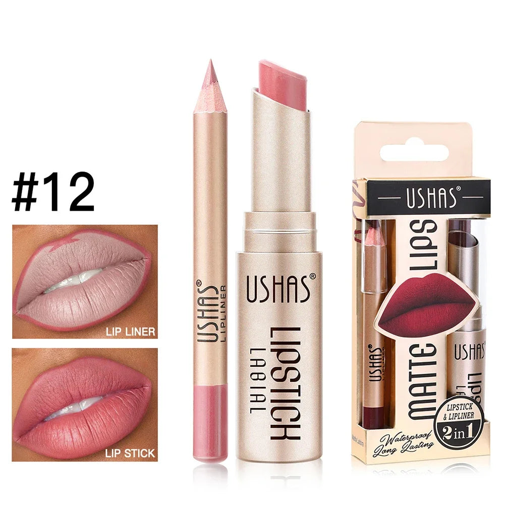 2-in-1 Lip Makeup Set, Matte Lipstick & Lip Liner Pencil, Nude Brown, Waterproof Long Lasting Tinted Lip Balm Contour Kit