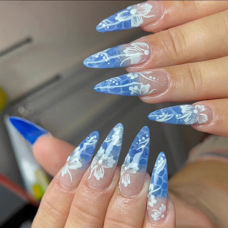 Mid-length Coffin Fake Nails 24Pcs White French Tip Ballerina Press On Nail Pink/White Flower Printed Spring/Summer DIY Manicure