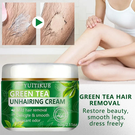 YUITIKUE Green Tea Unhairing Cream | Mild Hair Removal Formula | Delicate Smooth Skin & Pleasant Odor For All Skin Types 60g