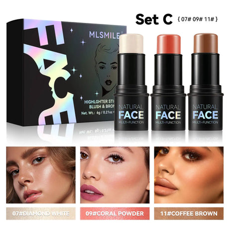 MLSMILE Highlight Contour 3-pack For 3D Makeup Brightening Skin Tone Face Blush Stick 3 Pcs Set 2025 New