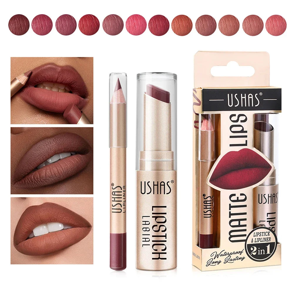 2-in-1 Lip Makeup Set, Matte Lipstick & Lip Liner Pencil, Nude Brown, Waterproof Long Lasting Tinted Lip Balm Contour Kit