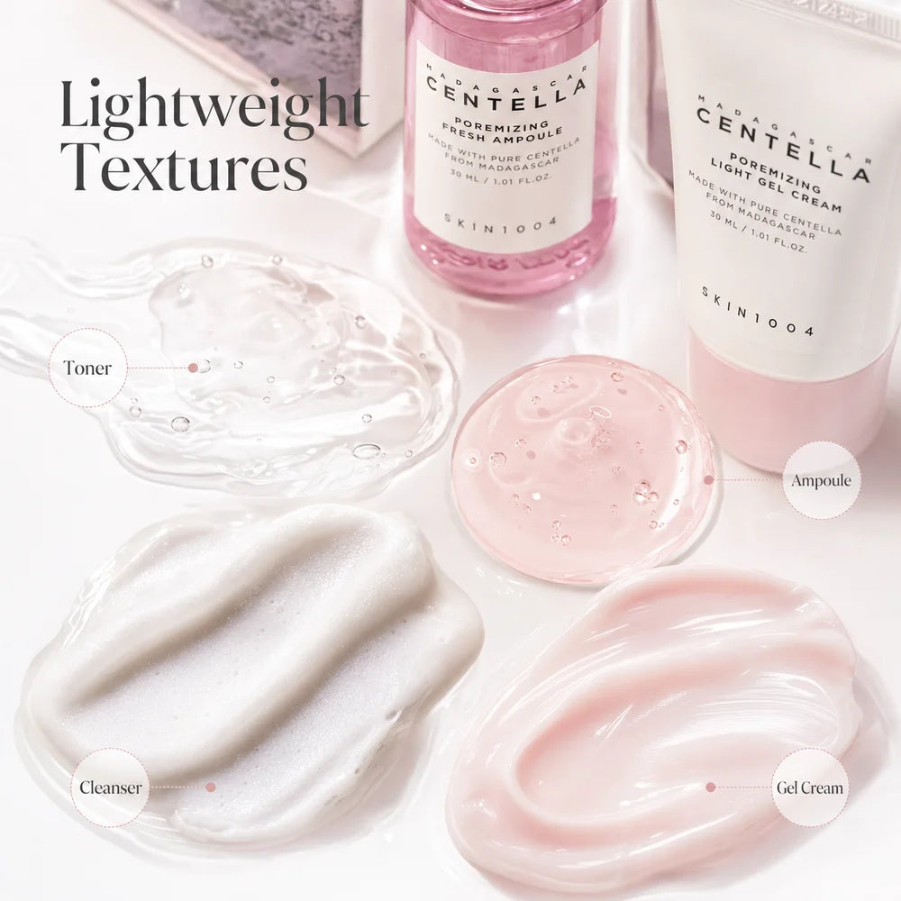 Centella Hyalu-Cica and Poremizing Travel Kit,Toner, Ampoule Serum,Face Moisturizer Cream and Night Sleeping Pack Mini 4pcs Set
