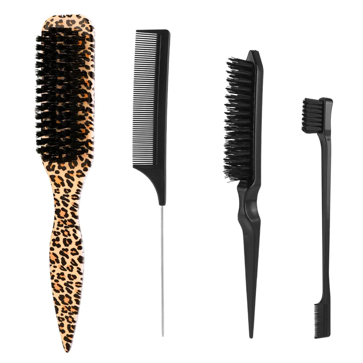 4Pc Boar Bristle Slick Back Hair Brush Set For Sleek Ponytail Bun Smoothing Baby Hairs,Flyaways,Edge Control Backcombing Teasing