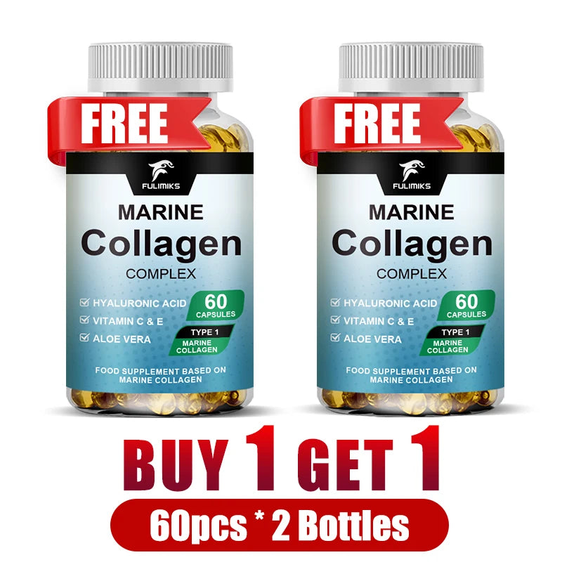 Marine Collagen Complex Capsules, Hydrolyzed Peptides for Skin Elasticity, Hair, Nails, Joint & & Bones Health, Glowing Beauty