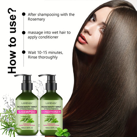 2PCS Rosemary Mint Strengthening Shampoo and Conditioner Set, Moisturizing with Rosemary Extract for Healthier, Stronger Hair