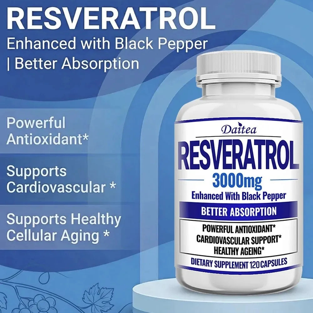 Resveratrol Supplement Capsules - Anti-Aging, Cardiovascular & Joint Support, Skin Health