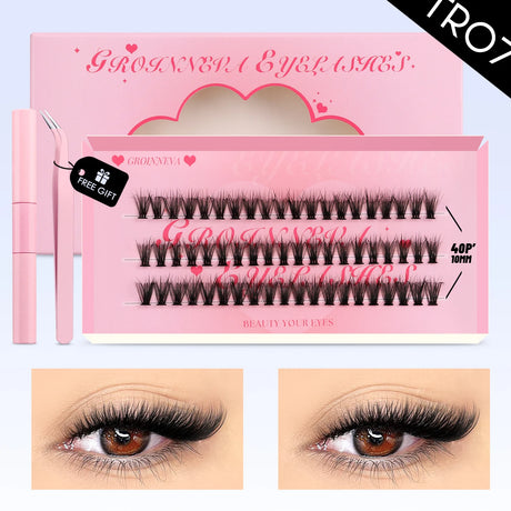 GROINNEYA DIY Lash Clusters Kit Mixed Tray Eyelash Extension Full Set Individual Lashes with Lash Bond&Seal and Tweezers Tool