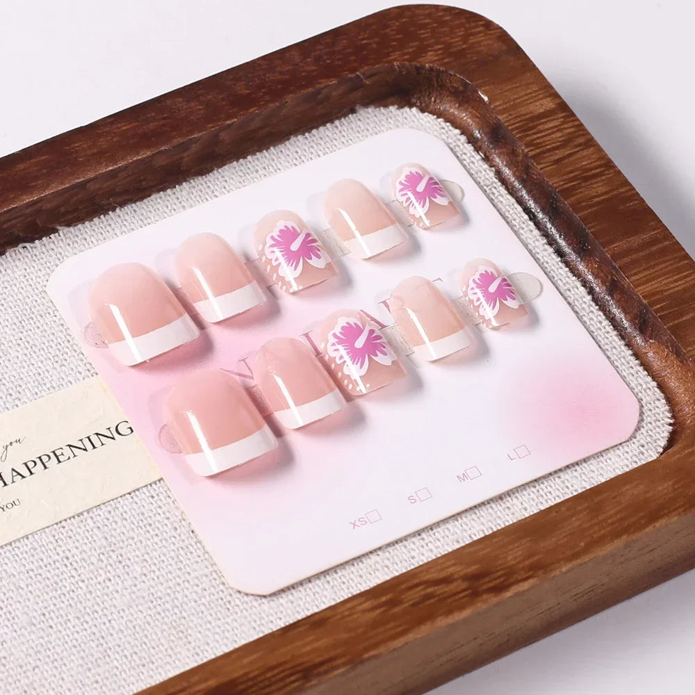 24Pcs Short Square Pink Floral French Press On Nails Clear Base Hand Drawn Flower Reusable With Adhesive Glue For Women Daily Party DIY Spring Summer Manicure Supply
