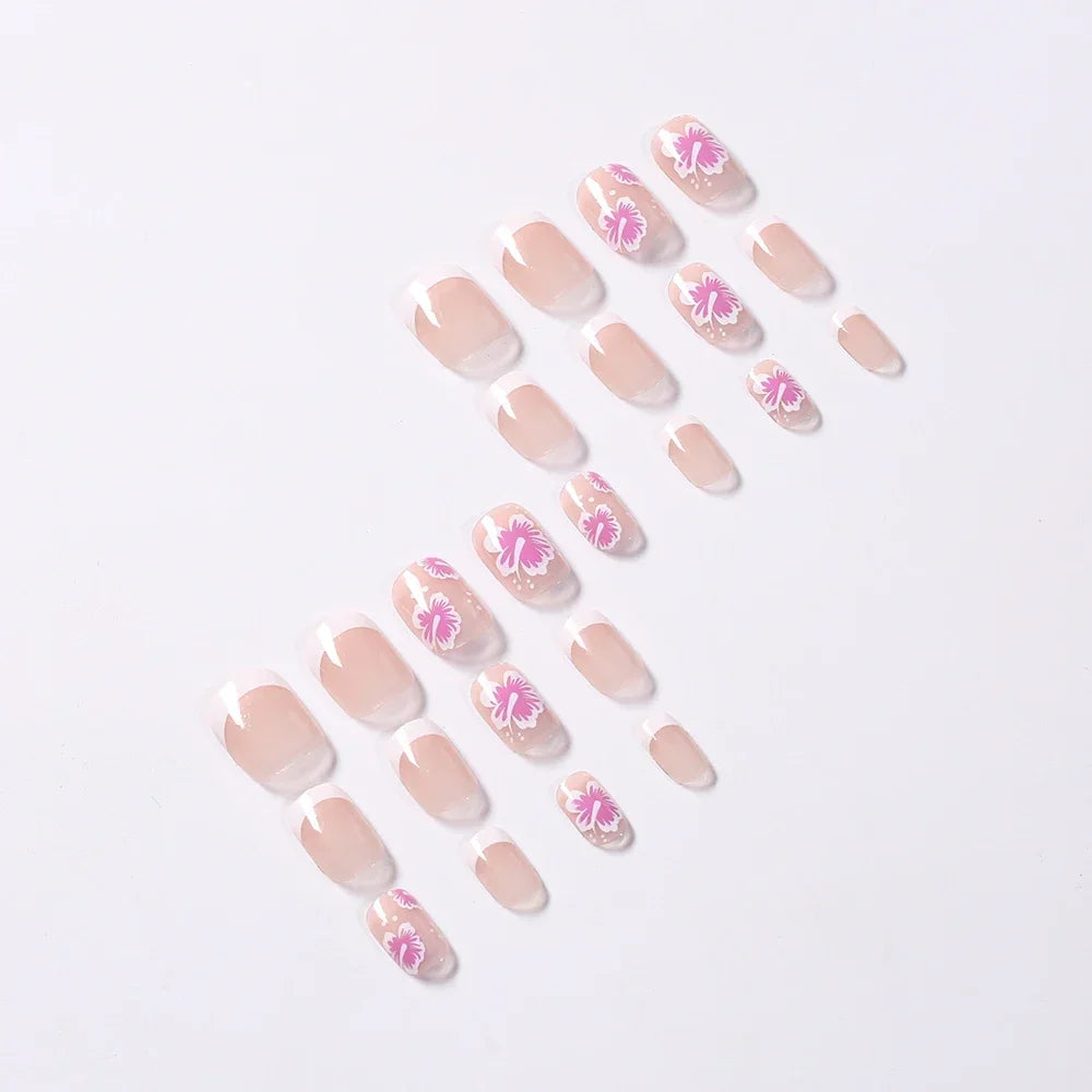 24Pcs Short Square Pink Floral French Press On Nails Clear Base Hand Drawn Flower Reusable With Adhesive Glue For Women Daily Party DIY Spring Summer Manicure Supply