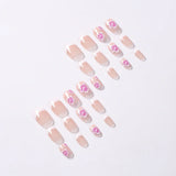 24Pcs Short Square Pink Floral French Press On Nails Clear Base Hand Drawn Flower Reusable With Adhesive Glue For Women Daily Party DIY Spring Summer Manicure Supply
