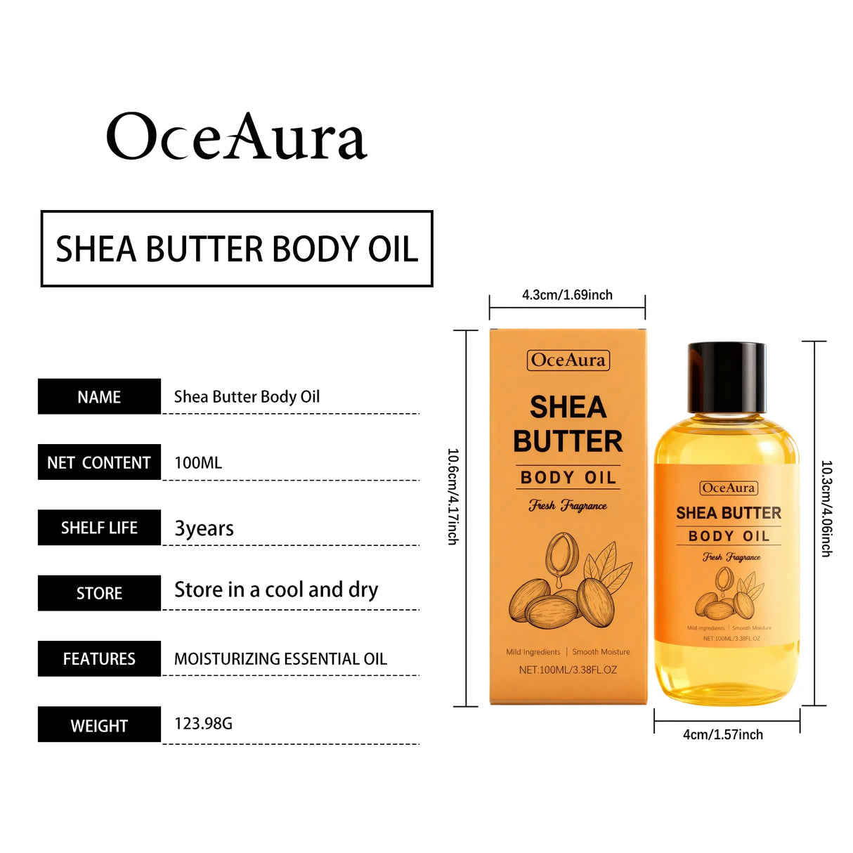 Shea Butter Body Oil Lightweight Fast Absorbing for Dry Rough Skin Soft Improve Dry Skin Body Massage Moisturizing Essential Oil