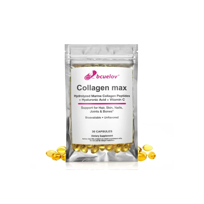 Bcuelov Collagen Max Hydrolyzed Marine Collagen Peptides Hyaluronic Acid + Vitamin C Supports Hair, Skin, Nails, Joints & Bones