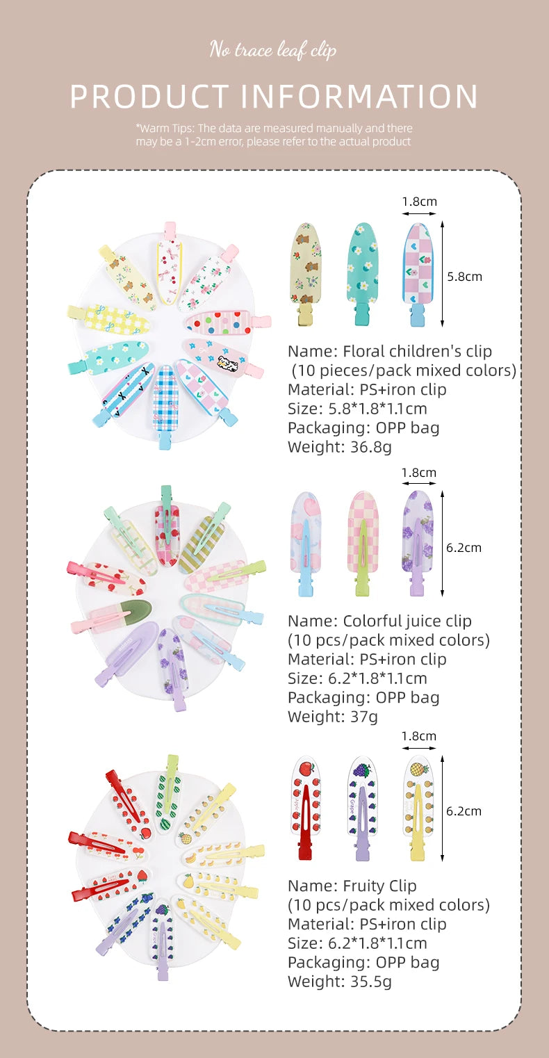 10pcs Candy Color Fruit Hair Bang Clip Summer Hairpin No Crease Hair Side Clamp For Girls Beauty Styling Accessories Set