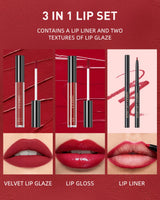 QIBEST 3pcs/set Liquid Lipstick+Lip Liner Lasting Black Brown Purple Red Matte Lip Gloss Nude Lip Stain Tint Makeup Lip Pencil