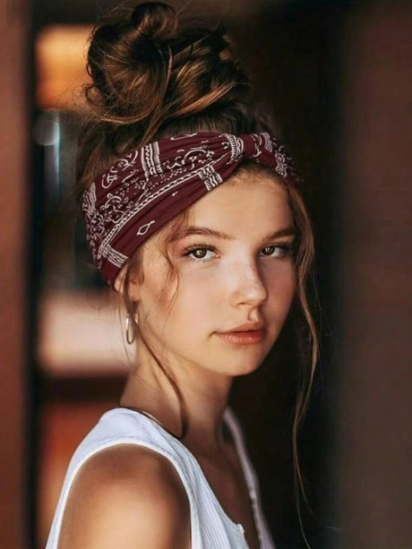 Boho Paisley Knotted Headband for Women, Wide Elastic Twisted Head Wrap, Vintage Bandana Print Hair Band for Yoga, Daily Wear