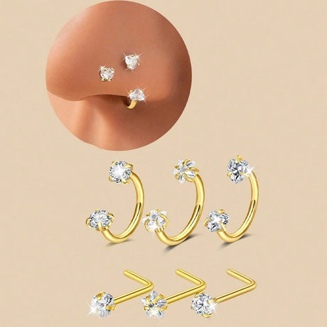 6/2pcs Horseshoe Nose Rings With L-Shape Nose Stud, Stainless Steel Rianbow CZ Nose Ring,, Lip Eyebrow Helix Ear Piercing