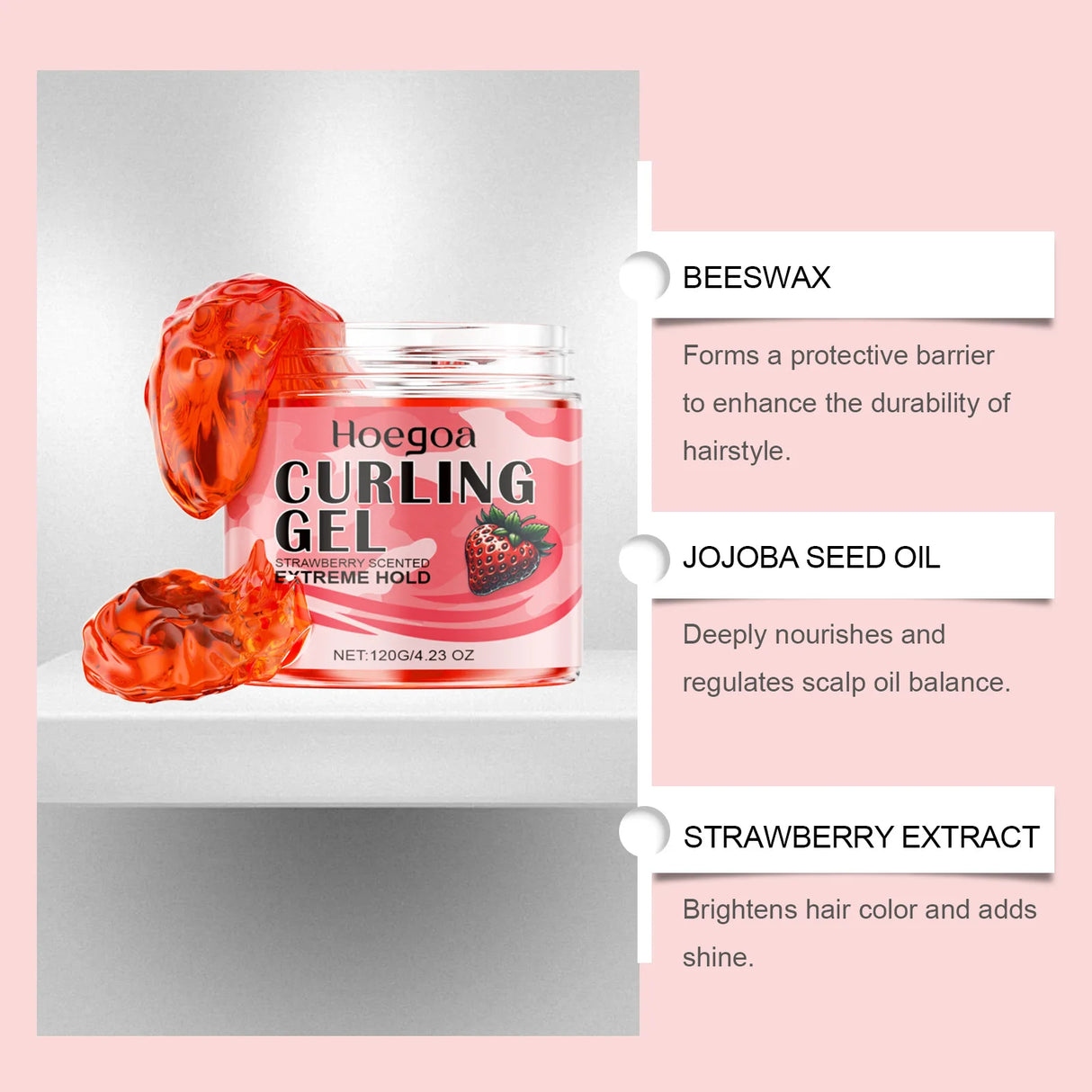 Strawberry Curl Defining Gel Strong Hold Styling Product For Curly Wavy Hair Long Lasting Volumizing Nourishing Wash Free