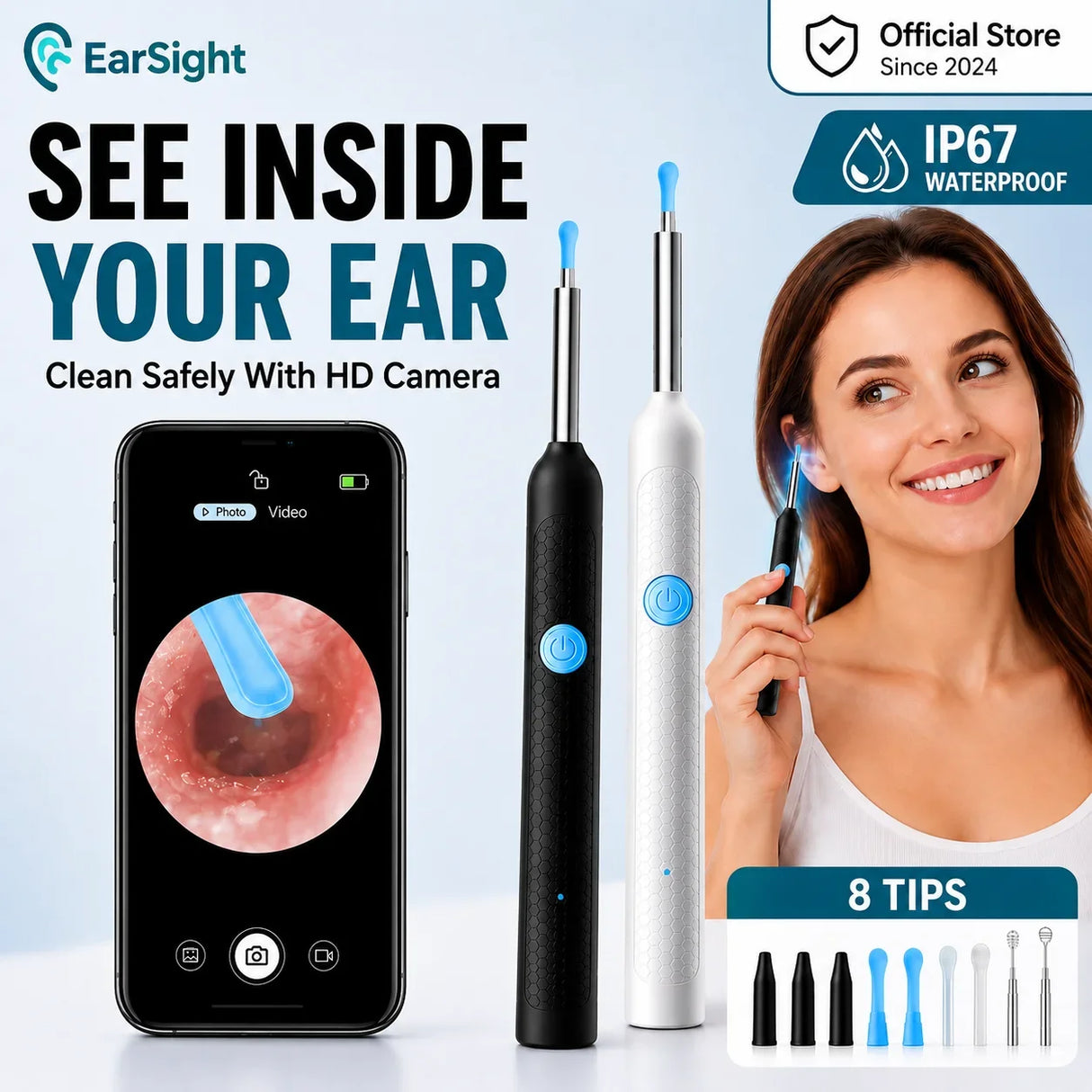 Visual Ear Wax Remover 1080P HD Camera USB-C Rechargeable Ear Cleaner IP67 Waterproof Otoscope with 6 LED Lights for Adults Kids