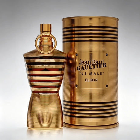 Jean Paul Gaultier Le Male Elixir EDP 125ML Perfume For Men Warm Vanilla Cardamom Woody Aroma Long Lasting Shiny Gold Metallic Striped Body Bottle With Gold Ring Cap Complete Gold Tin Box Dating Anniversary Present