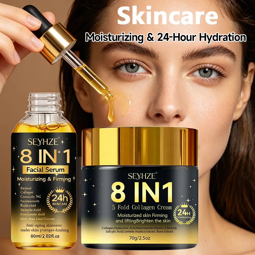 SEYHZE 8in1 Hydrating Facial Serum & Tightening Cream Set 2pcs Skincare Kit with Niacinamide Collagen Ceramides Aloe + Snow Aloe