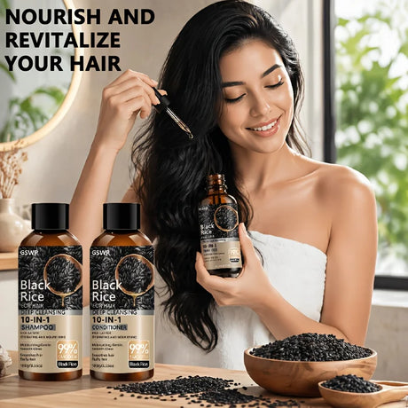 GSWP 10-in-1 Black Rice Moisturizing Shampoo Conditioner Set: Gently Cleanses, Reduces Frizz, Brightens Hair Shine. 200g + 30ml