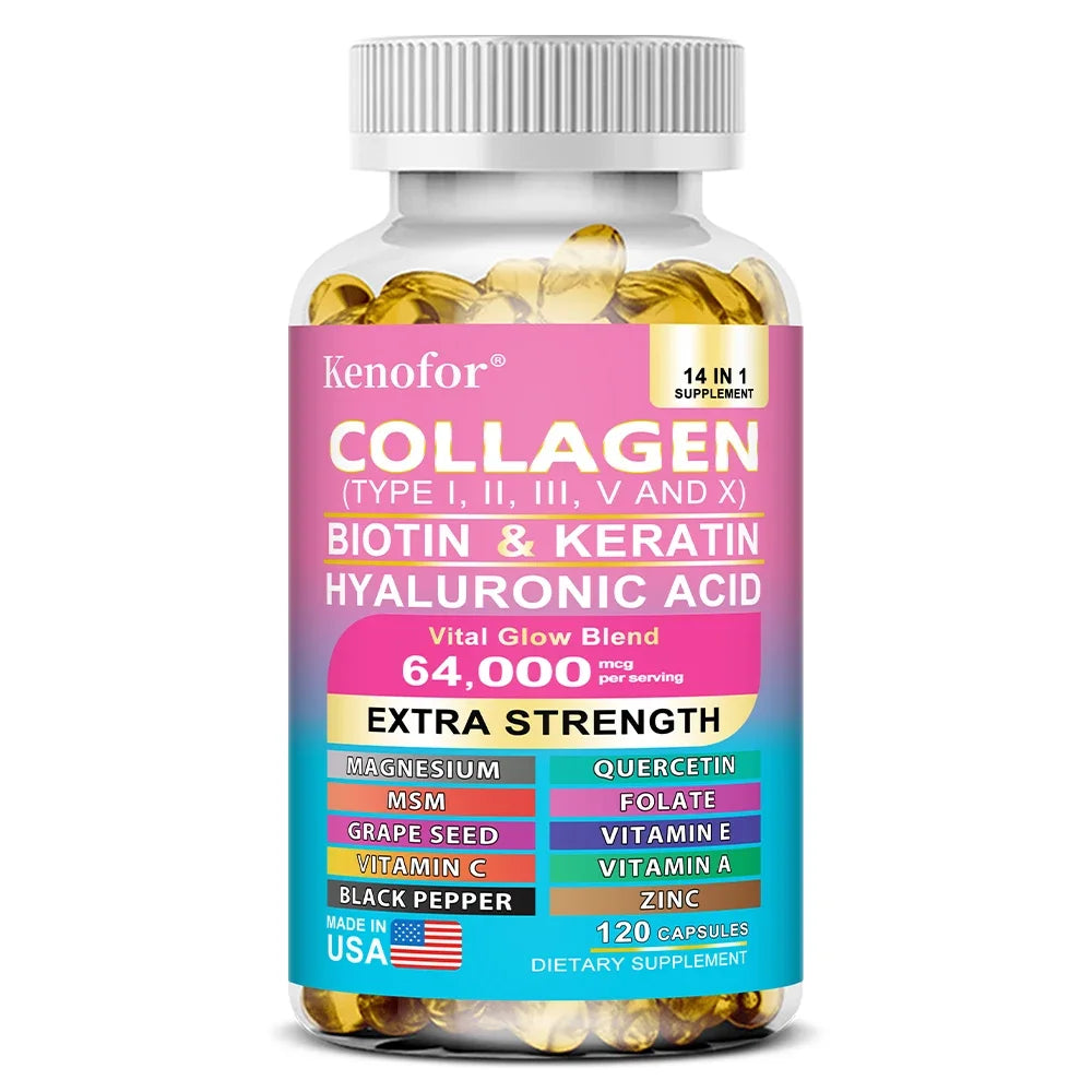 Multi Collagen Capsules - Types I, II, III, V & X Biotin Keratin Hyaluronic Acid MSM Zinc Magnesium,Hair Skin and Nails Vitamins