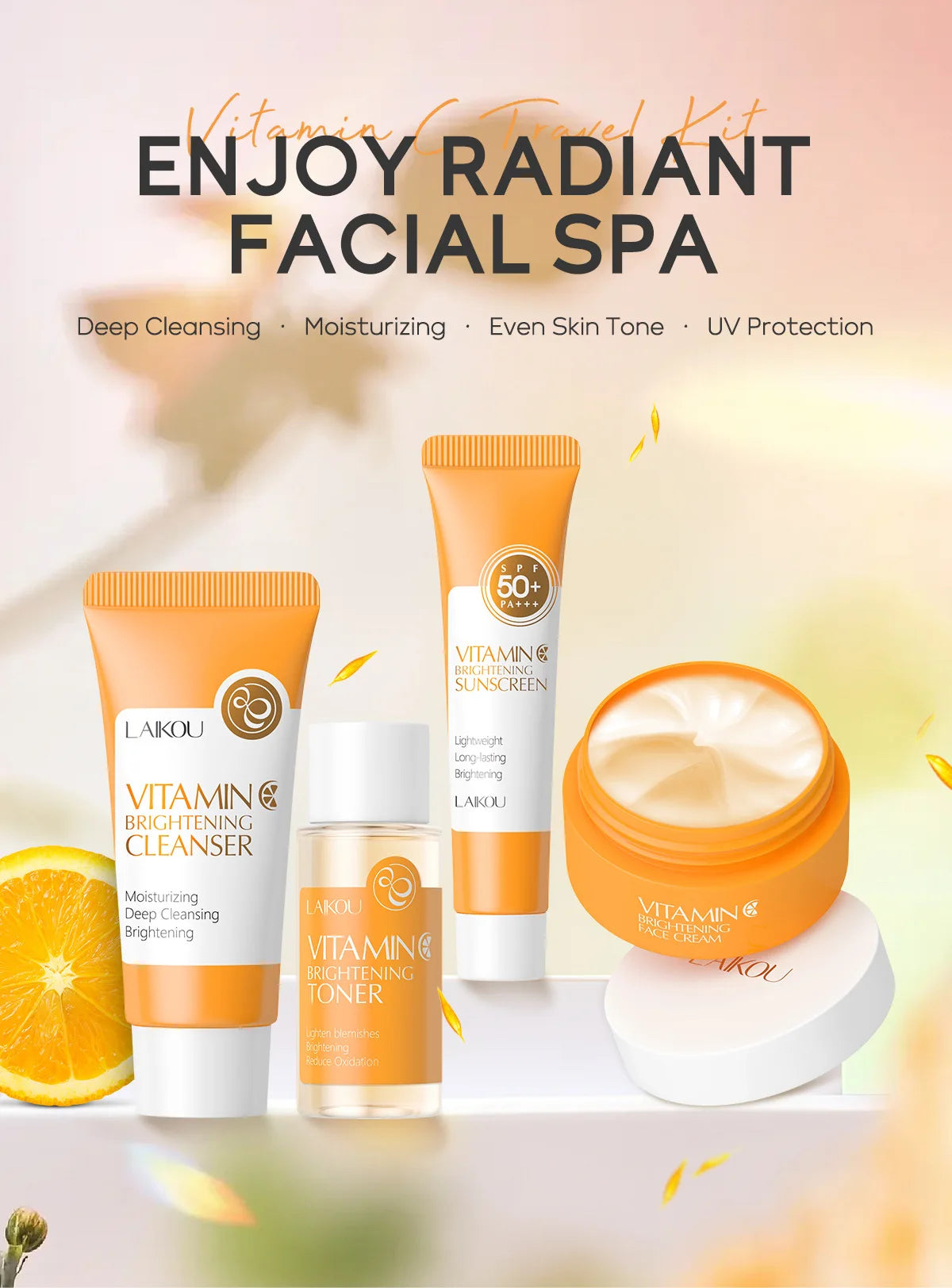 4pcs Vitamin C Skin Care Sets Face Cream Facial Cleanser Essence Spf 50+ VC Sunscreen Moisturizing Refresh Face Care Travel Suit