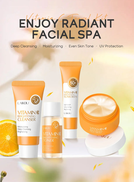 4pcs Vitamin C Skin Care Sets Face Cream Facial Cleanser Essence Spf 50+ VC Sunscreen Moisturizing Refresh Face Care Travel Suit